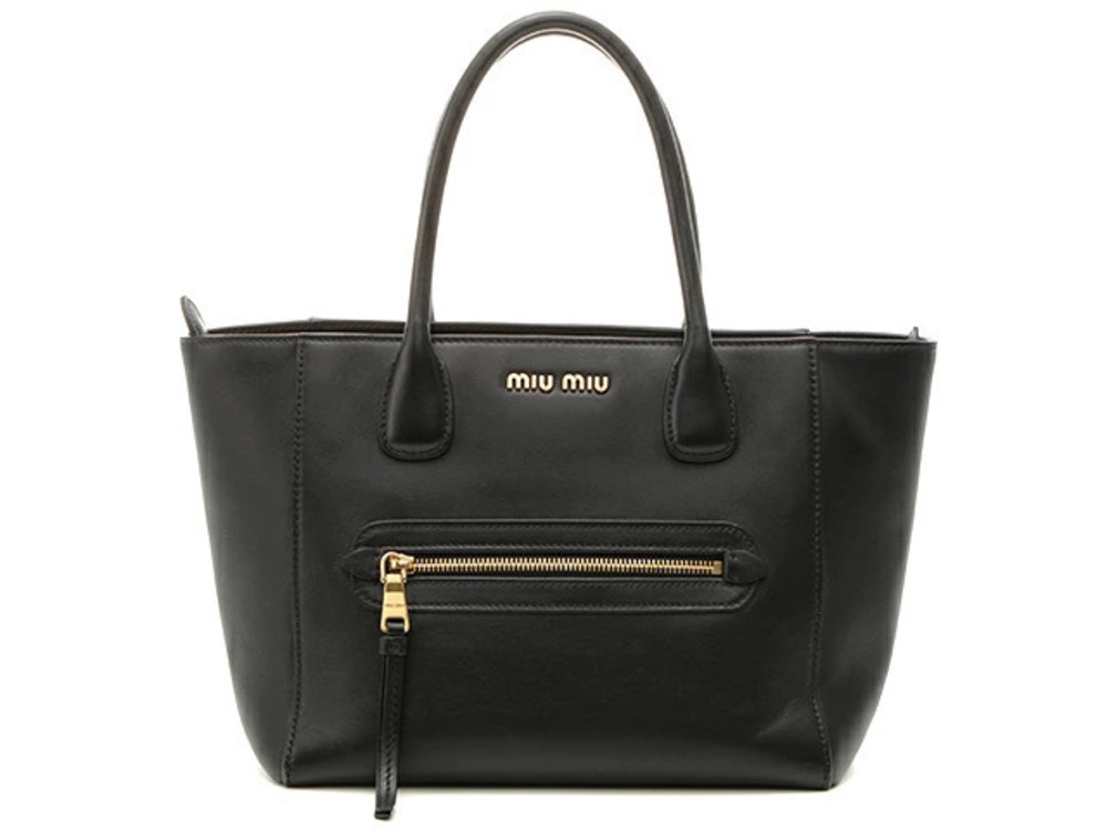 Miu Miu black leather tote handbag dual top handles front zip